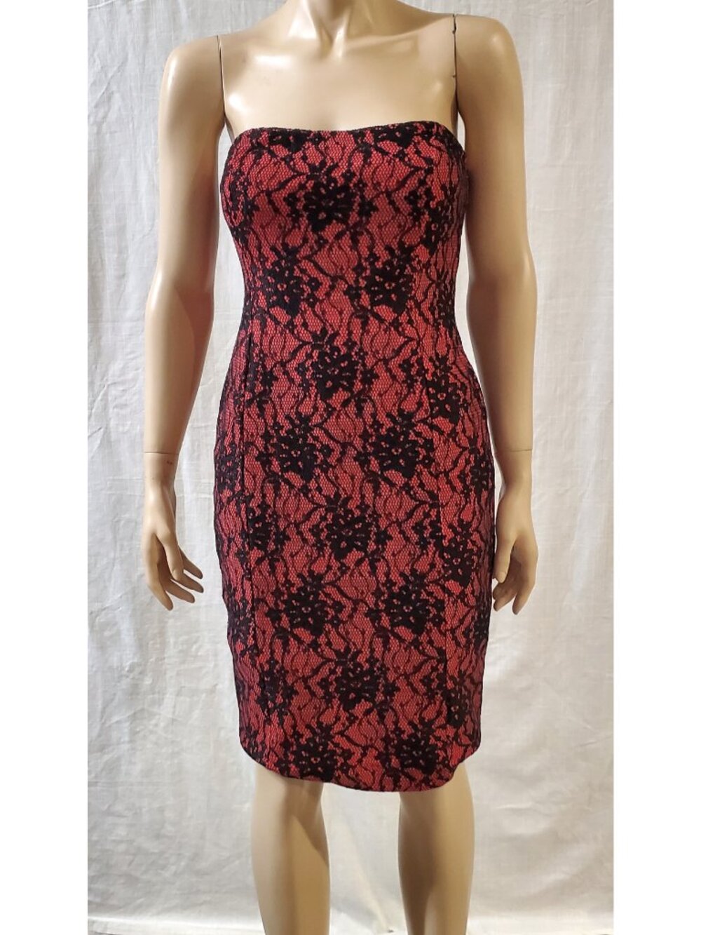 French Connection Red Black Lace Strapless Cocktail Dress Sz 2